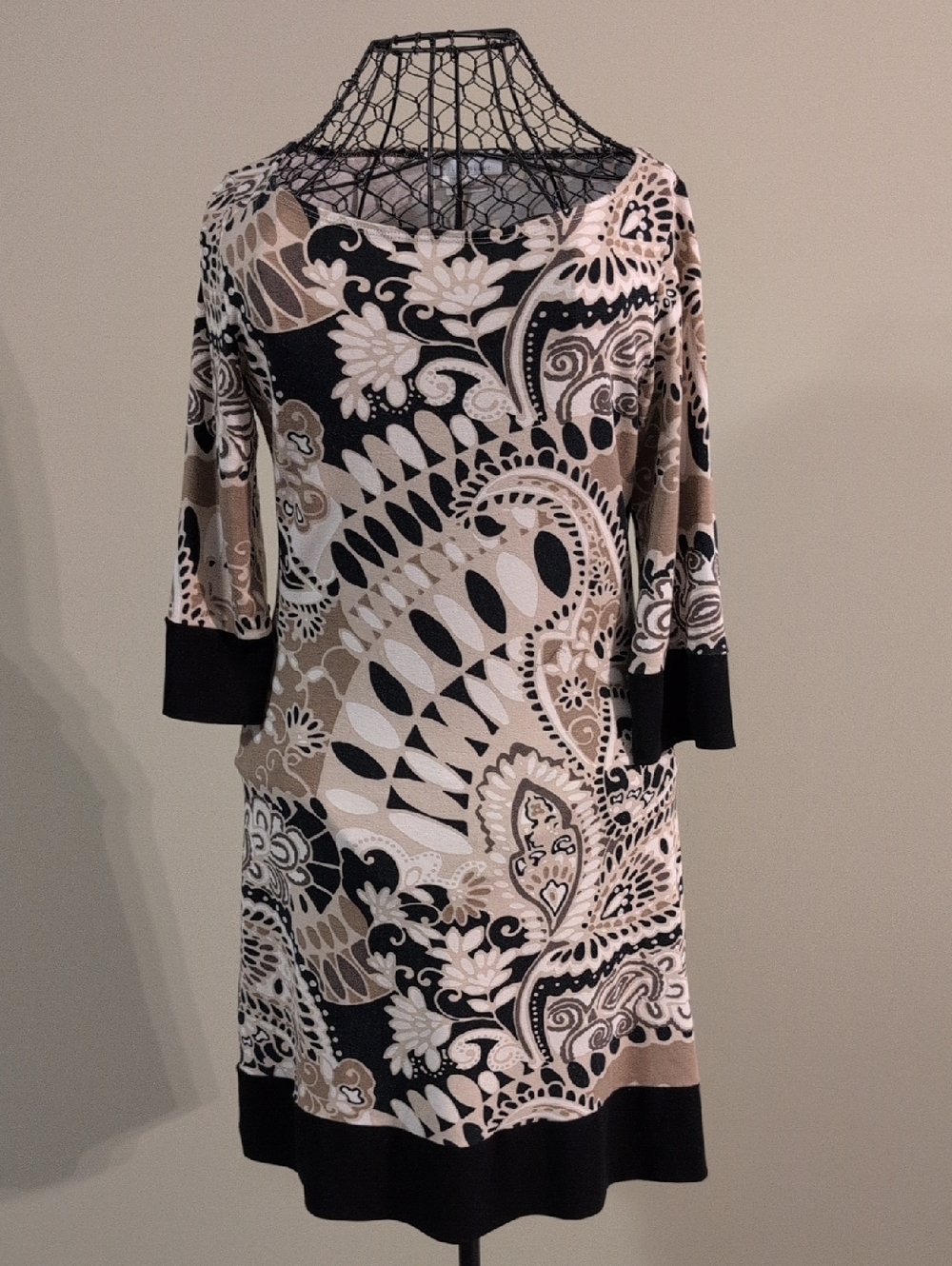 Neutral Paisley Print Knit Dress - Beige/Black